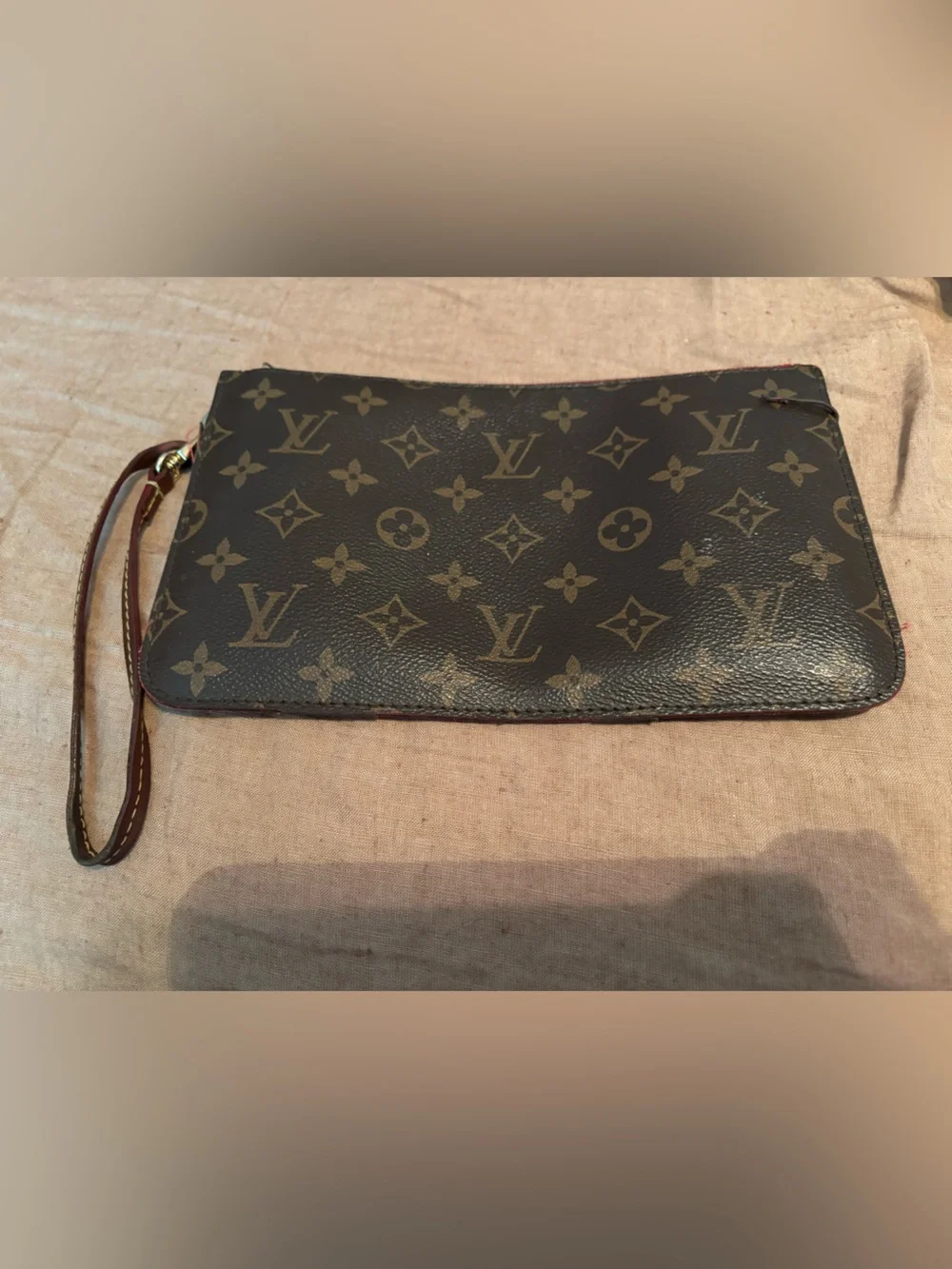 Louis Vuitton Classic Monogram Neverfull Pouch Wristlet - Cerise (Cherry Red)